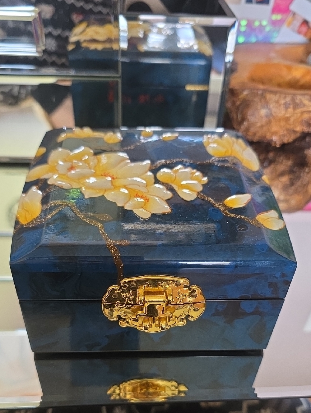 Hand-made Blue Floral Jewelry Box with Gold Accents